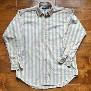 [SOLD] Vintage Ralph Lauren Men's Striped Blue and Cream Shirt